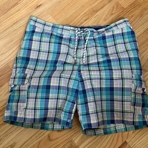 Lands End Madras Plaid Swim Trunks Mens XXL Preppy Nautical Board shorts Surf
